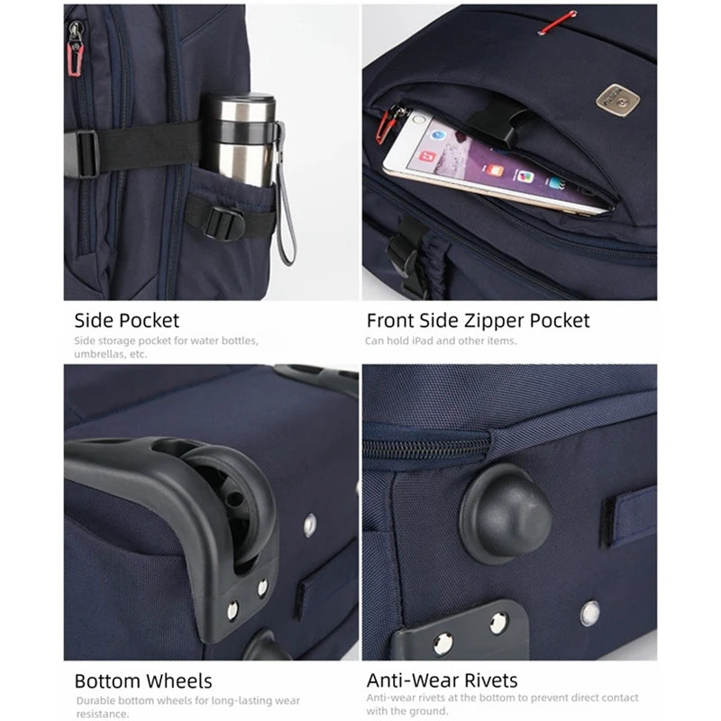 Airline Approved Carry On Backpack for Men Large Capacity Luggage with Telescopic Handle Durable Wheels TSA Friendly Travel Bag