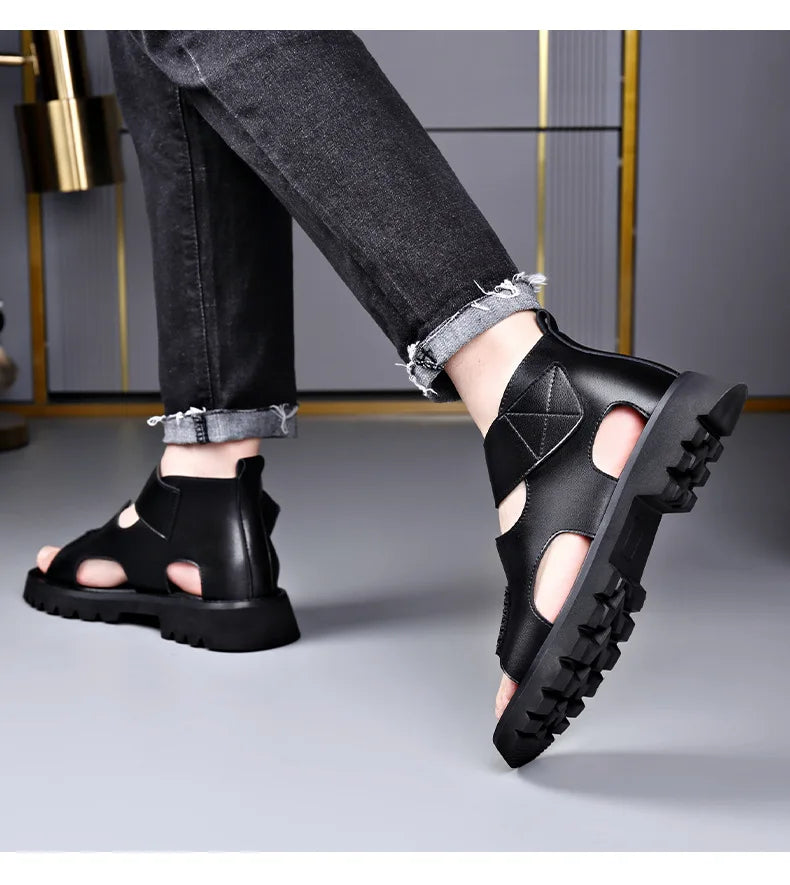 Cow Leather Sandals for Men 2025 Summer New Designer Big Size Increase Roman Beach Shoes Male Fashion Casual Black Sandals Man