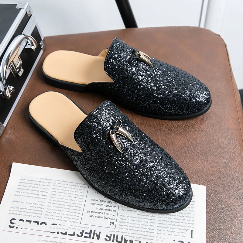 2024 New Luxury Designer Men's Casual Bling Leather Loafers Italian for Men Half Shoes Mules Male Black Slides Business Slippers