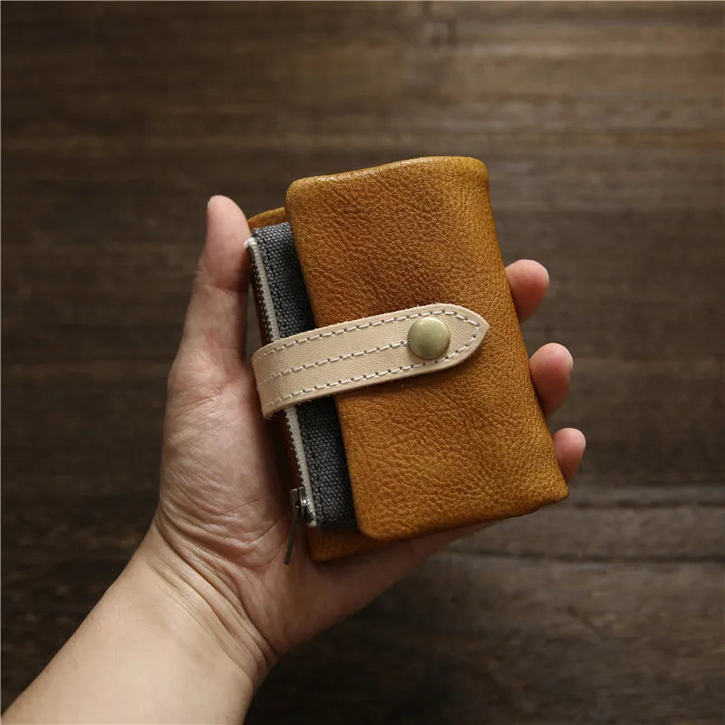 2025 Handmade Wallet Men's Short Leather Triple Fold Money Clip Cowhide Youth Buckle Student Vertical Vegetable Tanned Leather