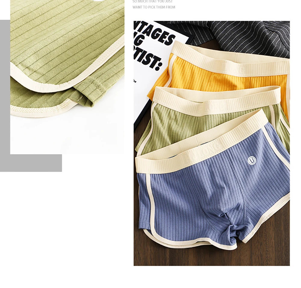 3PCS/Pack 100% Cotton Solid Striped Men's Boxer Sexy Breathable Mesh U Crotch Underwear High Elastic Widen Waistband Underpants
