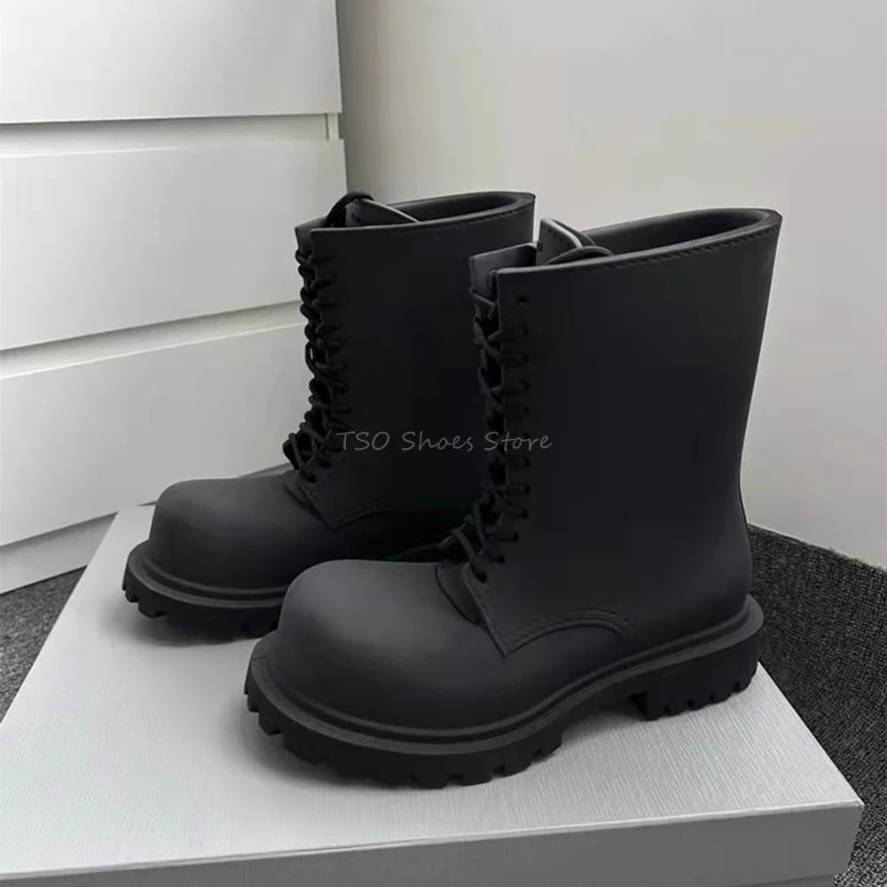 Thick Bottom Black Boots for Men New Women Derby Big Toe Lace Up Boots Chelsea Short Boots Brand Design Male Big Size 40-45
