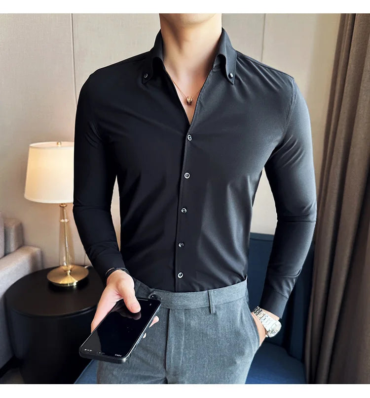 Men Dress Shirt 2025 Autumn British Style Solid Casual Slim Fit Formal Camisas V-neck Long Sleeves Shirt Streetwear Men Clothing