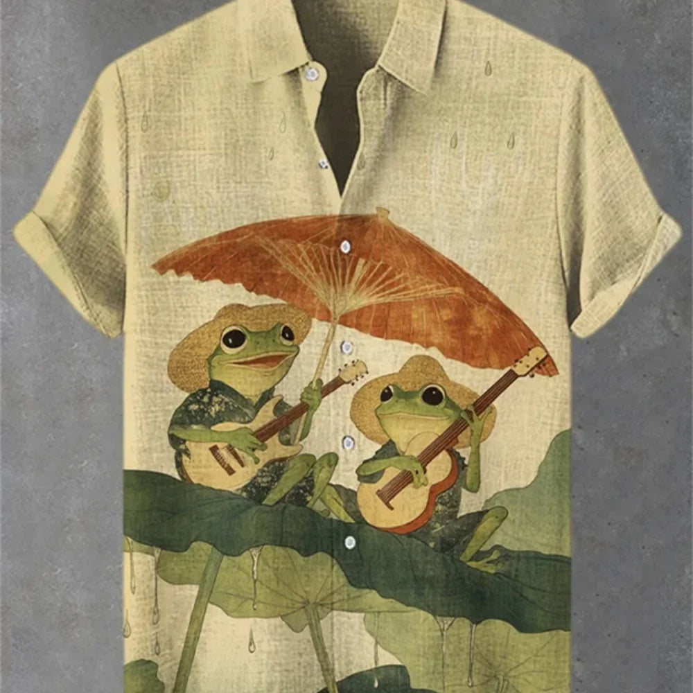 Men's Japanese Retro Art Samurai Cat Printed Linen Shirt Short Sleeve Button up Classic Lapel Design Street Casual Social Top