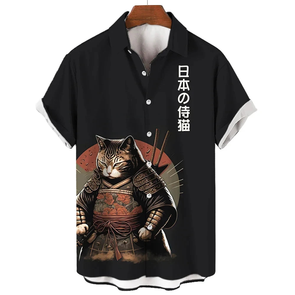 Fashion Cool Samurai Cat Graphic Shirt Japanese Style y2k Men's Streetwear Summer Casual Short Sleeve Buttons Hawaiian Shirts