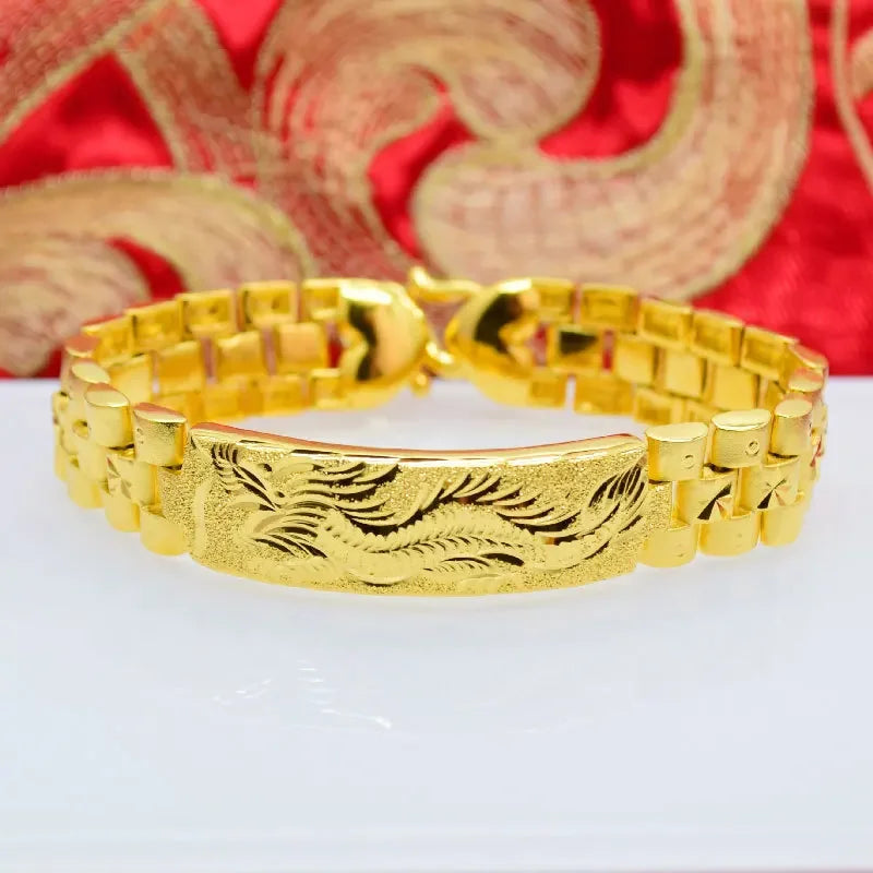 Real 18K Gold Color Dragon Flower Bracelet for Women Men Chain Pure Golden Plated Bracelet Bangle Fine Jewelry Gifts