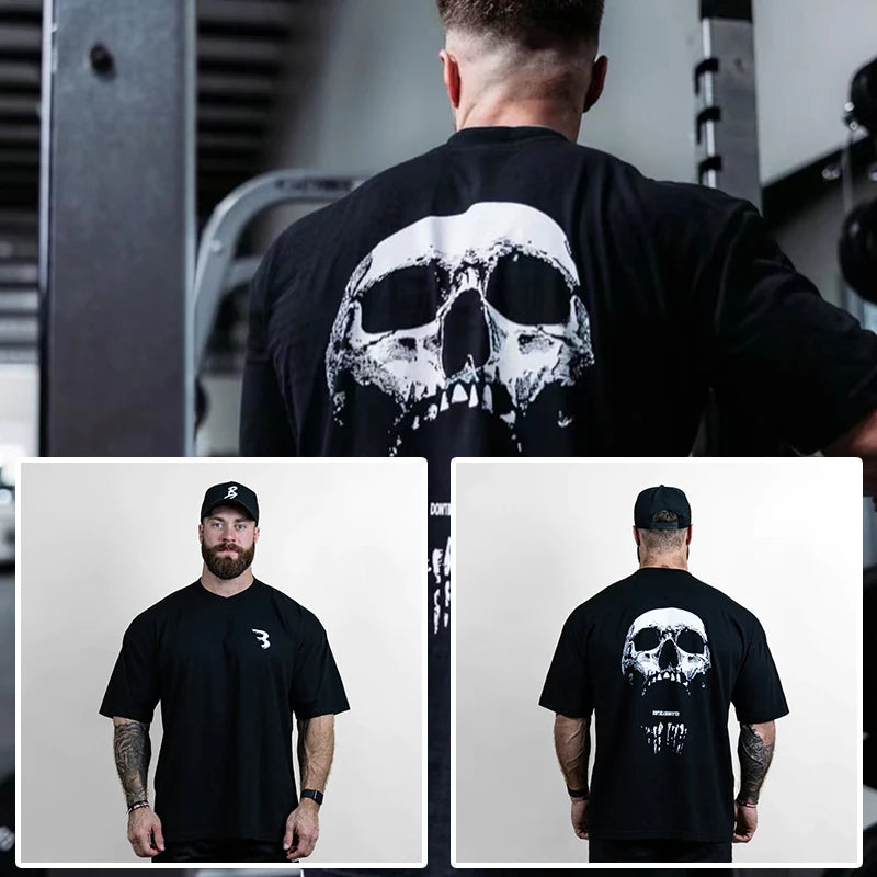 New Gym Fitness T-shirt Loose Oversized Cotton Men Short Sleeves Bodybuilding Sports Tees Summer Training Workout Jogging Tops