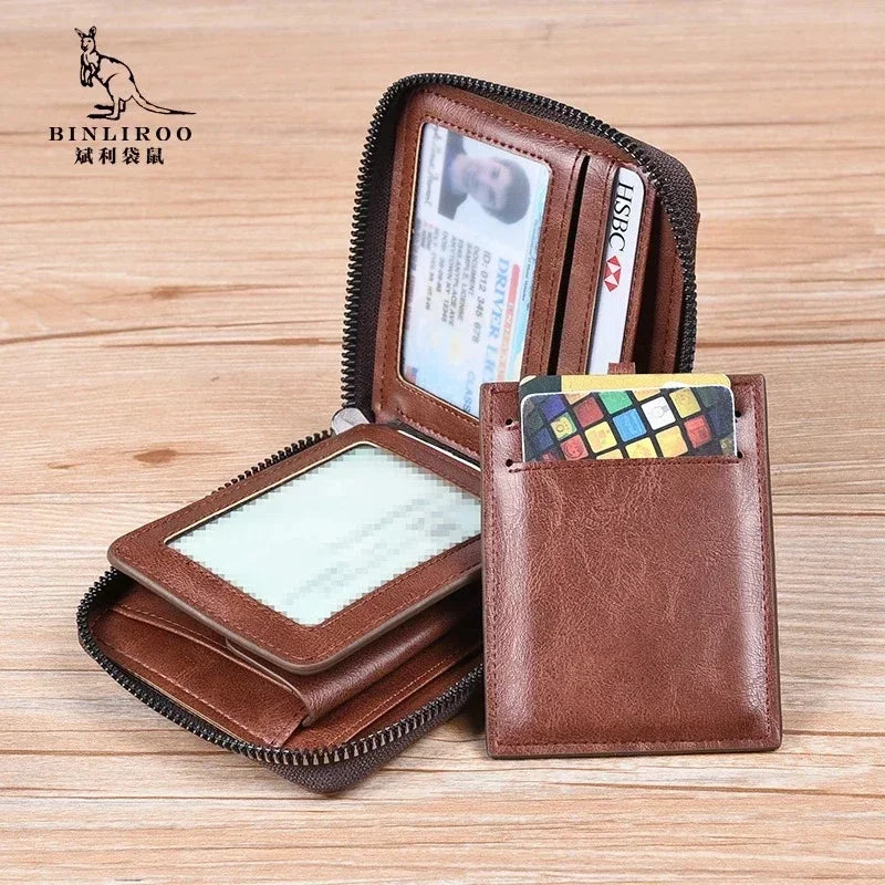 Leather Men’s Wallet Luxury Mens Purse Male Zipper Card Holders with Coin Pocket Rfid Wallets Gifts for Men Money Bag