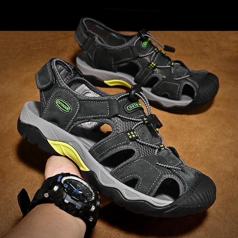 2024 Men Genuine Leather Shoes Men's Sandals Durable Handmade Stitching Close Toe Non Slip Footwear for Indoor Outdoor Beach