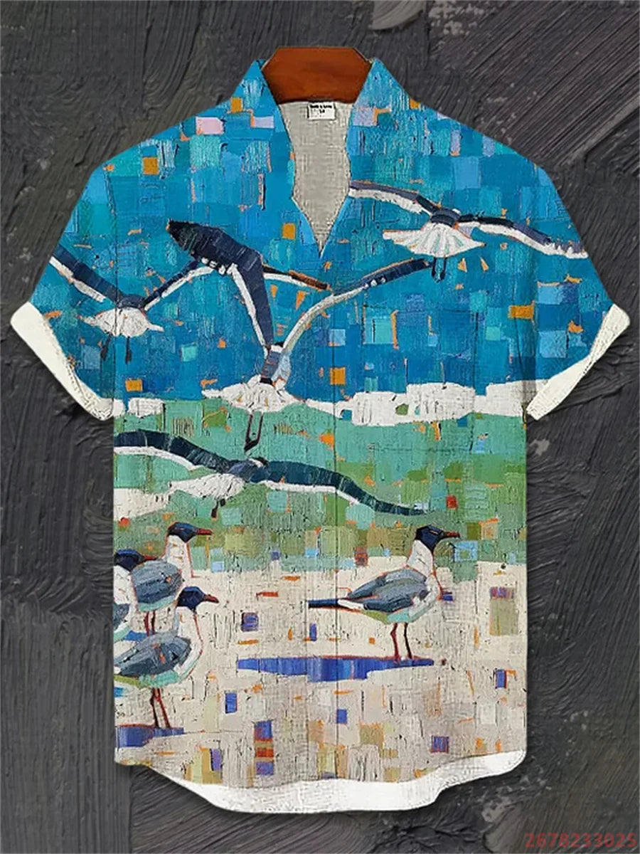 2026 New Japanese Style White Wolf Print Short-Sleeve Shirt for Men, Retro Trendy Anime Style Fashionable Cardigan Vacation Top