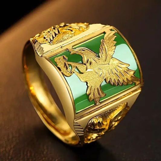 Men's Eagle Ring Embedded Agate Imitation Gold Plating Sand Gold Live Broadcast Ring Geometric Style Retro Fashion Jewelry
