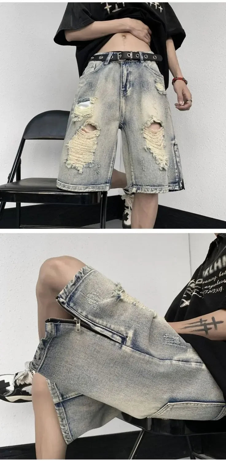 Men's High Street Ripped Denim Versatile Loose and Handsome Shorts