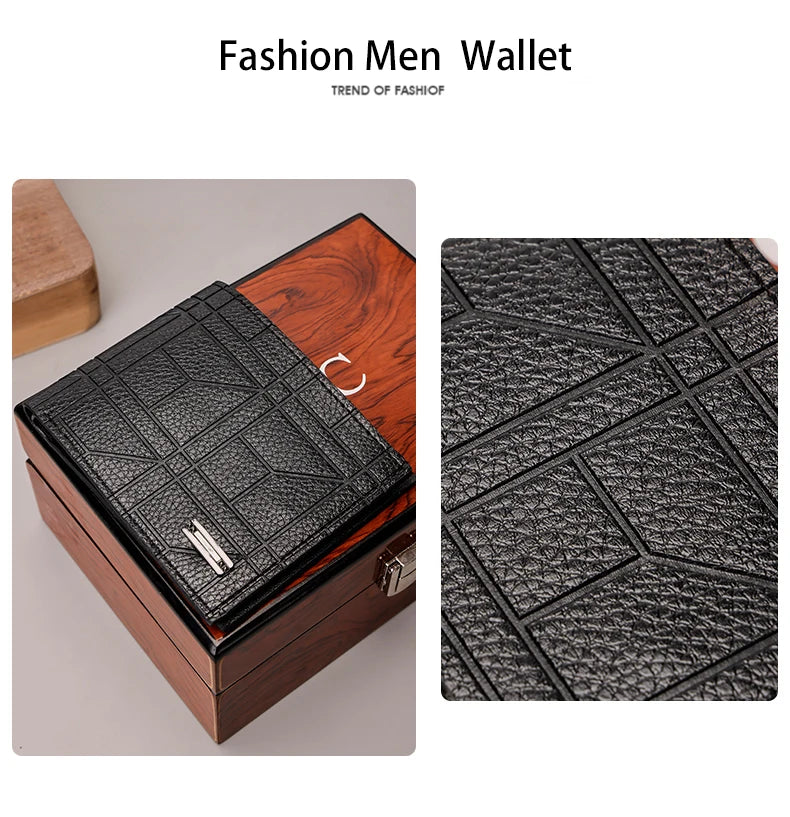 Men's Checkered PU Leather Wallet - Multi Card Slot, Business Style, Solid Color, Ideal Gift for Men