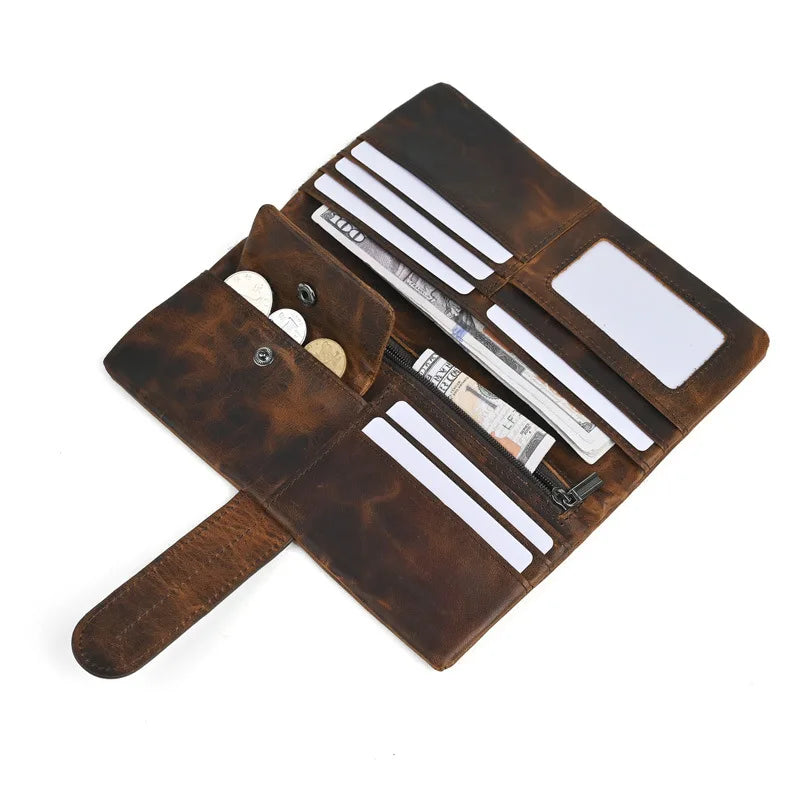 Vintage Genuine Leather Men's Long Wallet Real Cowhide Leather Long Purse Men Women Smooth Skin Leather Card Purse Anti Theft