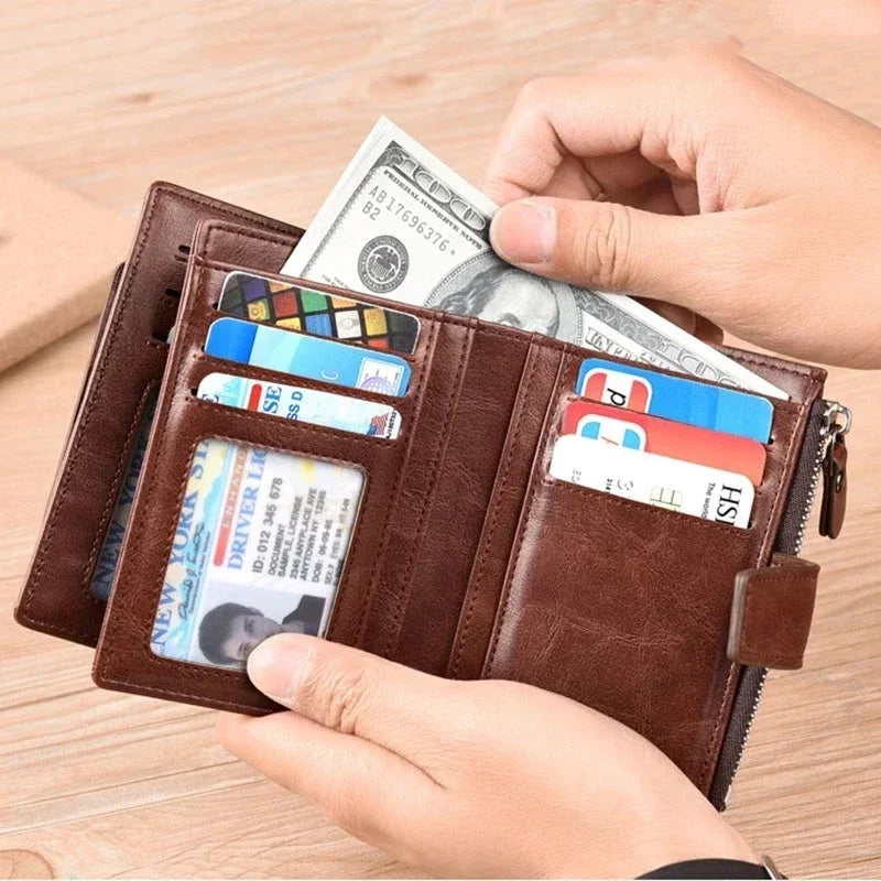 Leather Men’s Wallet Luxury Mens Purse Male Zipper Card Holders with Coin Pocket Rfid Wallets Gifts for Men Money Bag
