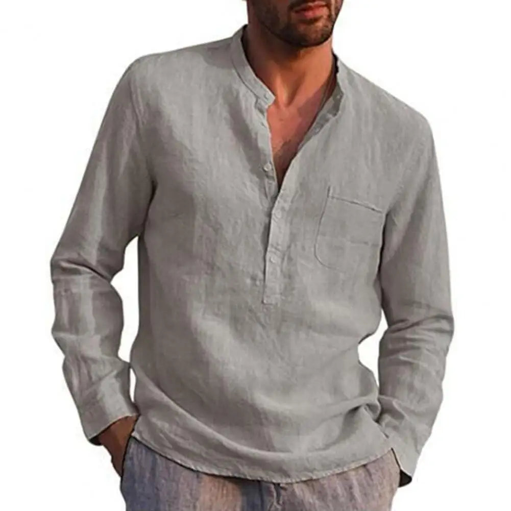 Cotton Linen Shirts for Men Long Sleeve Casual Shirts Solid Color Stand Collar Button Loose Men Shirt Beach Shirts