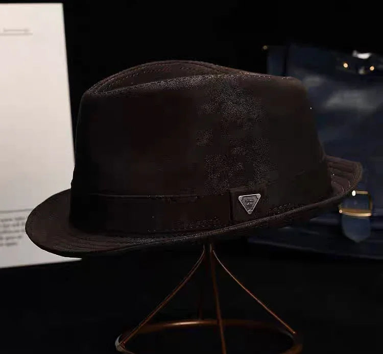 New 2023 Man High Quality Genuine Leather Jazz Fedora Gentleman CowSkin Short Brim Black/Brown Fitted Top Hat Male Shows