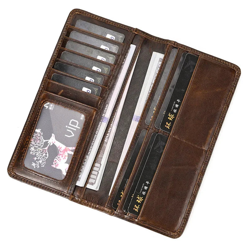 Casual Long Wallet Men Mobile Phone Male Long Purse Bifold Card Wallet Natural Cow Skin Leather Purse Men Business  Card Holder