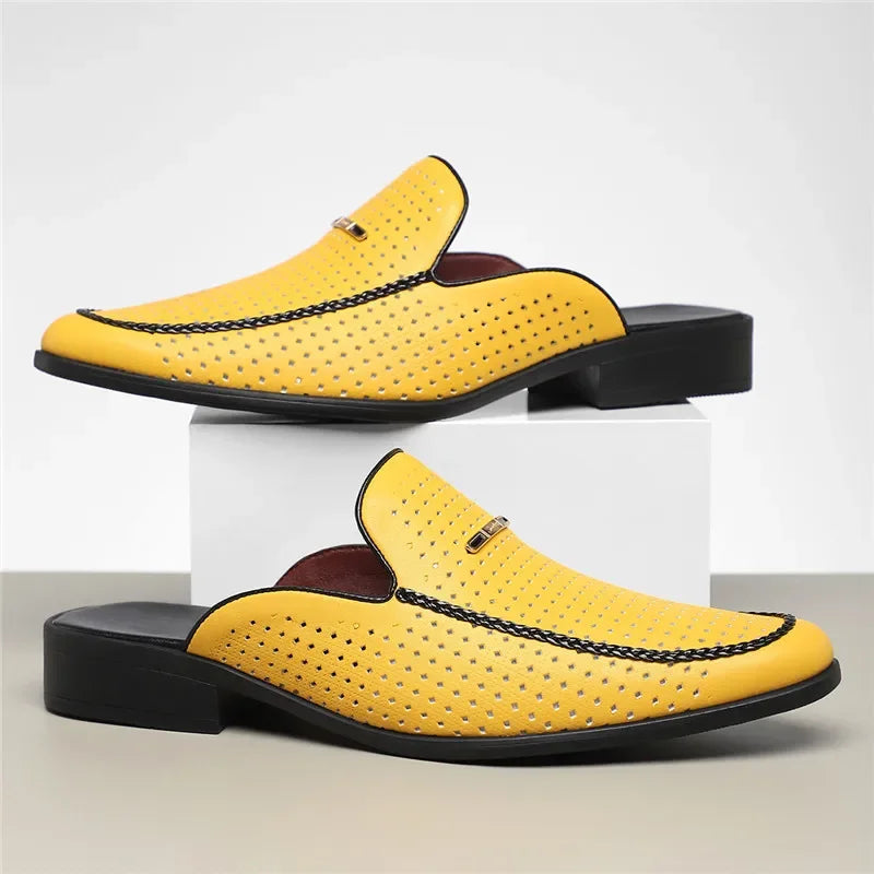 Men's Yellow White Black Half Slippers Driving Shoes 2025 New Casual Patent Leather Mules Loafers Zapatos Hombre