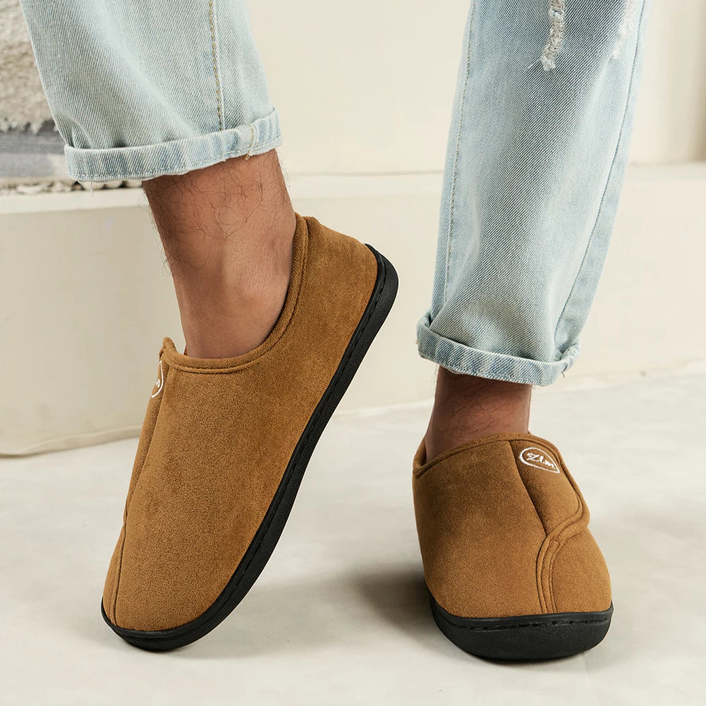 Slippers for Men Suede Leather Non-Slip Slip-on Shoes Comfy Warm Plush Walking Shoes Indoor/Outdoor for Diabetic Swollen Feet