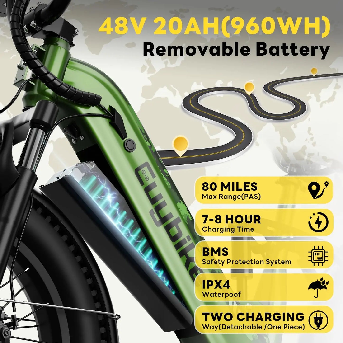 Electric Bike for Adults 1400W Peak, 48V 20AH(960WH) Removable Battery, 20"x4" Fat Tire Full Suspension 80 Miles, Customized