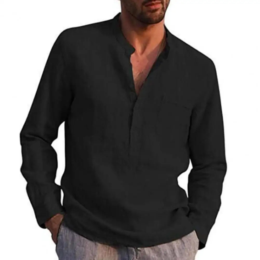Cotton Linen Shirts for Men Long Sleeve Casual Shirts Solid Color Stand Collar Button Loose Men Shirt Beach Shirts