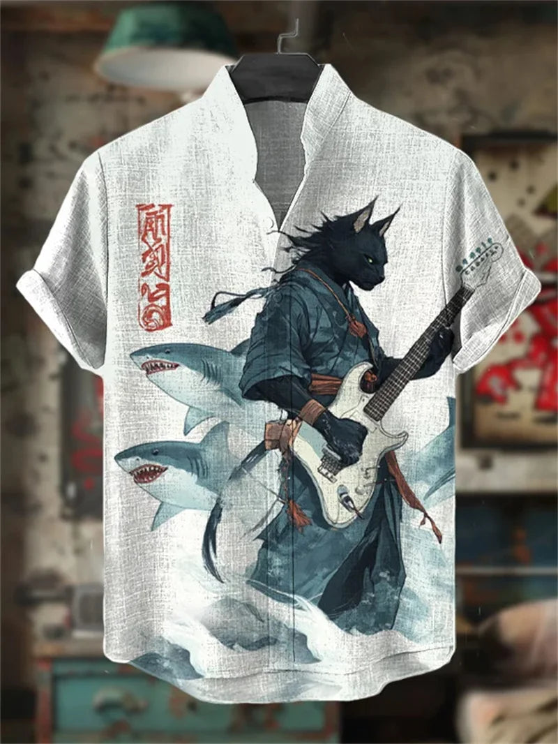 Men's Fun Black Cat Warrior Art 3D Animal Printed Casual Shirt Summer Men's Short sleeved Shirt Hawaiian Top