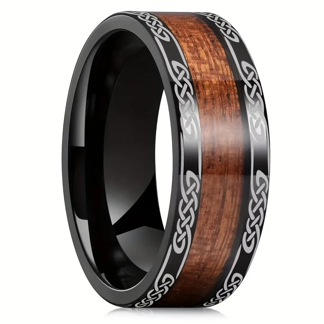 Fashion Deer Family Black Hunting Stainless Steel Rings for Men Women KOA Wood Inlay Beveled Polished Edge Wedding Bands Jewelry