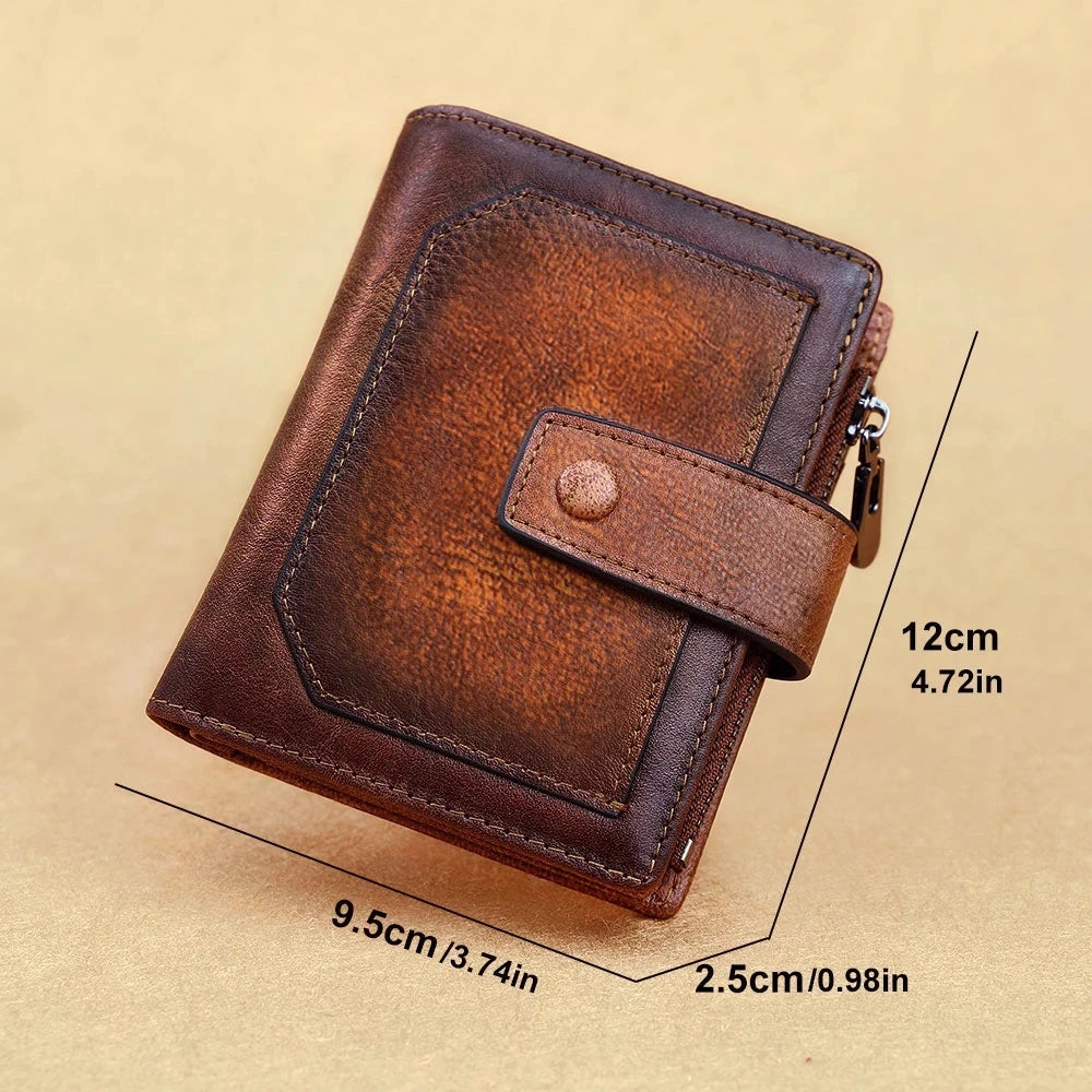 Vintage 100% Genuine Leather Men's Wallet RFID Blocking Trifold Short Multi Function Money Clip Large Capacity Zipper Coin Purse