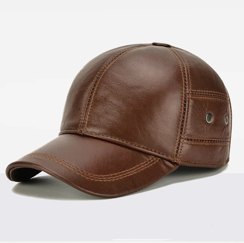 2025 New Style Men Cowhide Hat Winter Warm Outdoor Protect Ear Real Leather Adjustable Baseball Cap Men Real Cowhide Leather Cap
