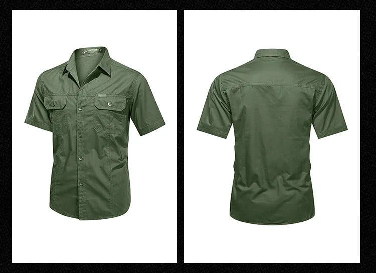 Summer men's thin short sleeved shirts, men's outdoor work clothes, multi bag half sleeved tops, pure cotton washed shirts