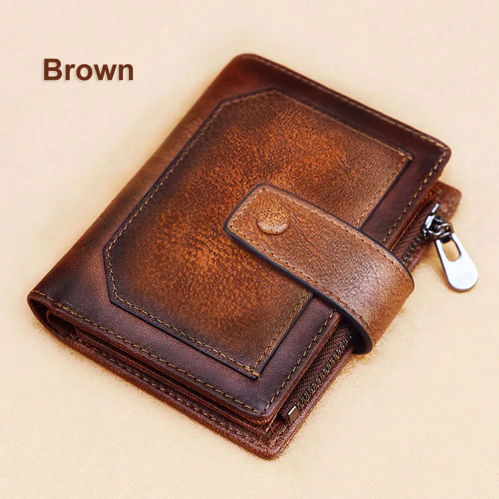 Vintage 100% Genuine Leather Men's Wallet RFID Blocking Trifold Short Multi Function Money Clip Large Capacity Zipper Coin Purse