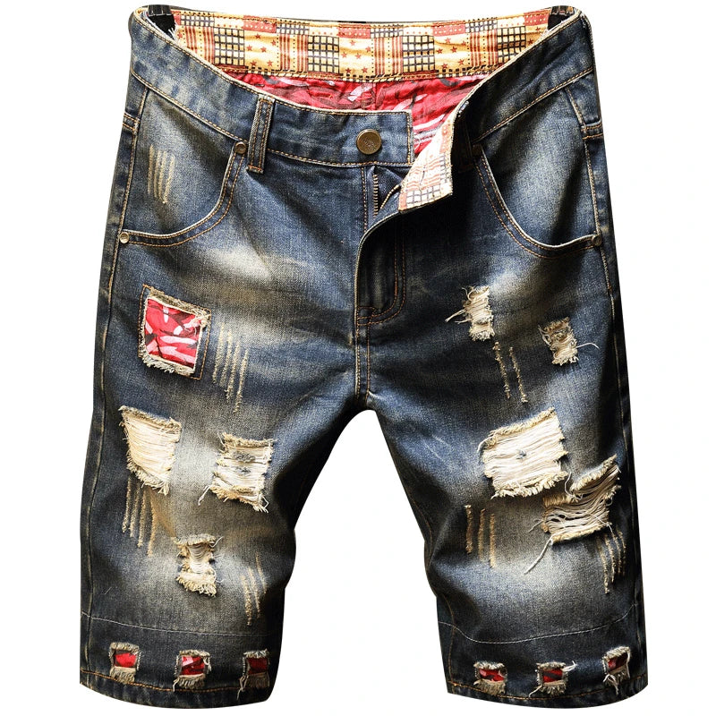 New in Ripped Shorts Men's Summer Fashion Hip Hop Vintage Short Jeans Slim High Street Hole Knee Long Pants Male