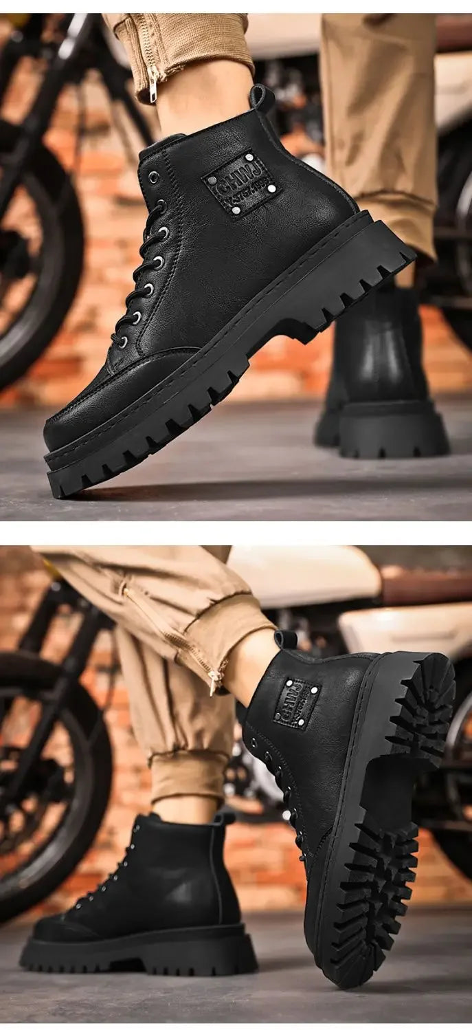 Men Boots Autumn Leather Waterproof Mid-top Sports Shoes New Fashion Ankle Boots Casual Outdoor Hiking Boots Shoes Male Sneakers