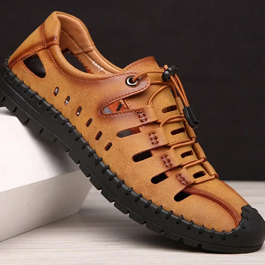 New 2025 Summer Shoes Men Sandals Genuine Leather Flat Non-slip Holiday Fashion Male Footwear Black Yellow D326