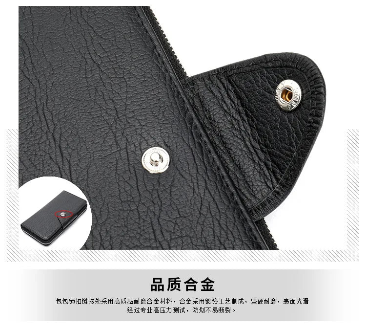 Leather long wallet men's top layer cowhide black business wallet horizontal square hand-held bag