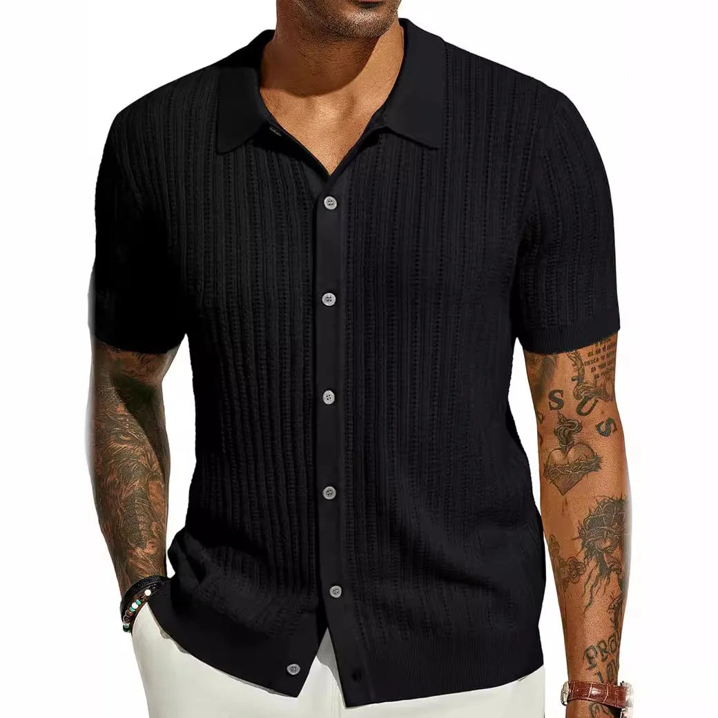 Men Knitted Shirt Short Sleeve Tee Lapel Shirt Male Summer Lapel Cardigan Breathable Single Breasted Knitted Top