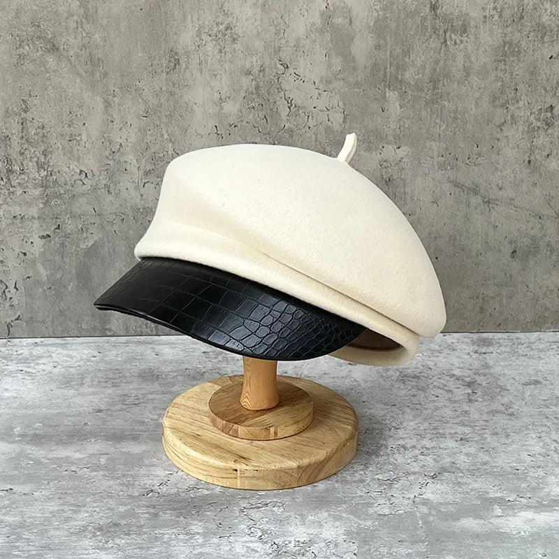Fashion leather brim wool beret women's autumn/winter Korean style newsboy hat British knight hat duck cap Japanese system