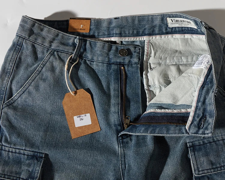 Shorts for denim men's tooling, cat's whiskers, straight pants, old retro pants, versatile multi-bag pants.