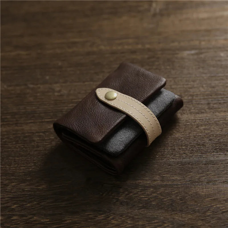 2025 Handmade Wallet Men's Short Leather Triple Fold Money Clip Cowhide Youth Buckle Student Vertical Vegetable Tanned Leather