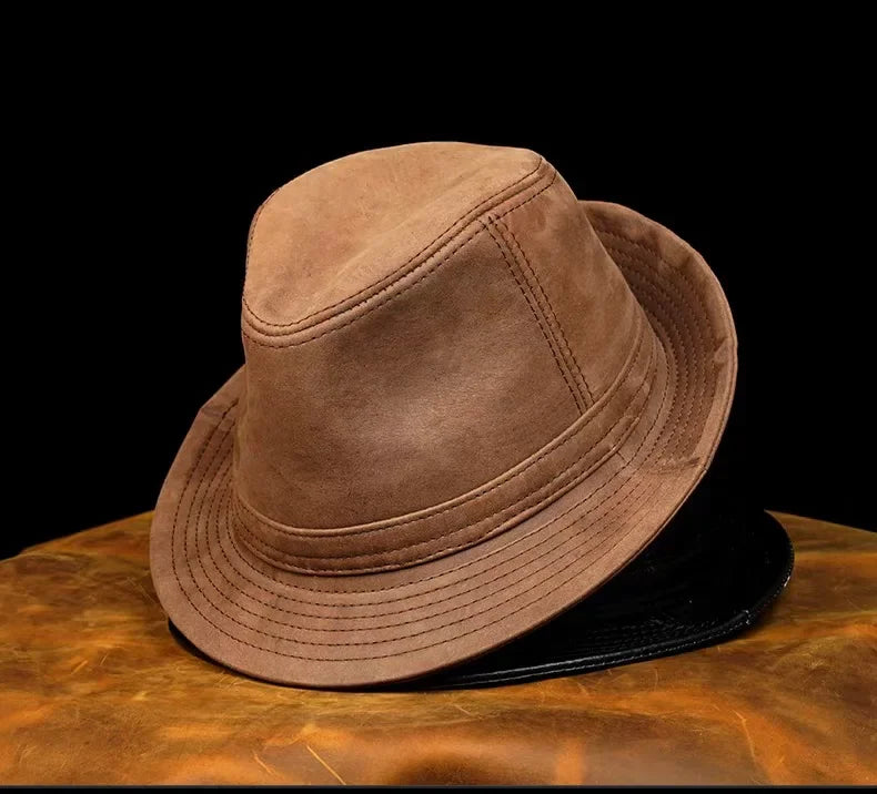 Retro Genuine Leather Cowhide Gentleman Fedoras Hat for Men Travel Warm Autumn Winter Top Hat
