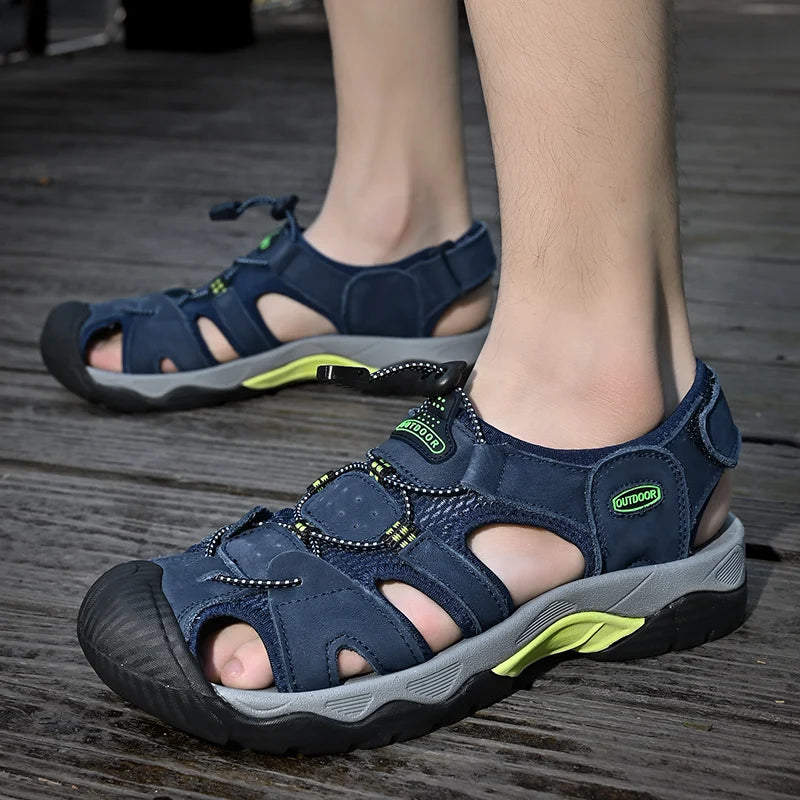 2024 Men Genuine Leather Shoes Men's Sandals Durable Handmade Stitching Close Toe Non Slip Footwear for Indoor Outdoor Beach