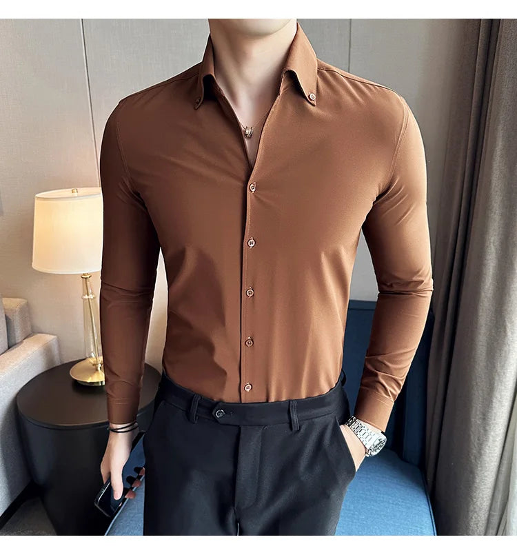Men Dress Shirt 2025 Autumn British Style Solid Casual Slim Fit Formal Camisas V-neck Long Sleeves Shirt Streetwear Men Clothing