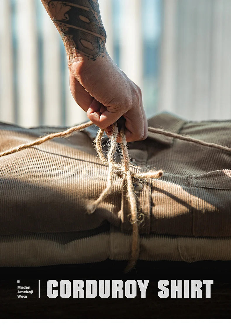 Maden Men's Shirt Casual Corduroy Long Sleeve Shirts Slim Fit Overcoat Spring Fleece Jacket Men's Clothing Retro Fashion Blouses