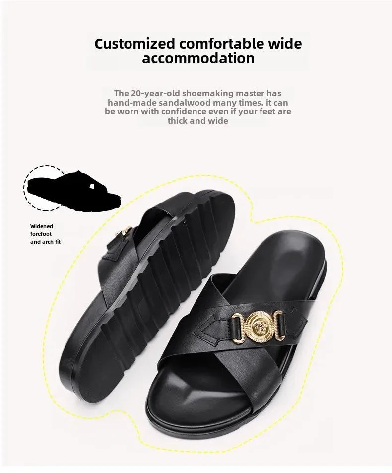 Trendy Versatile Men's Slippers Soft Sole One-Piece Genuine Leather Beach Shoes Cross Strap Casual Shoes Summer 2024