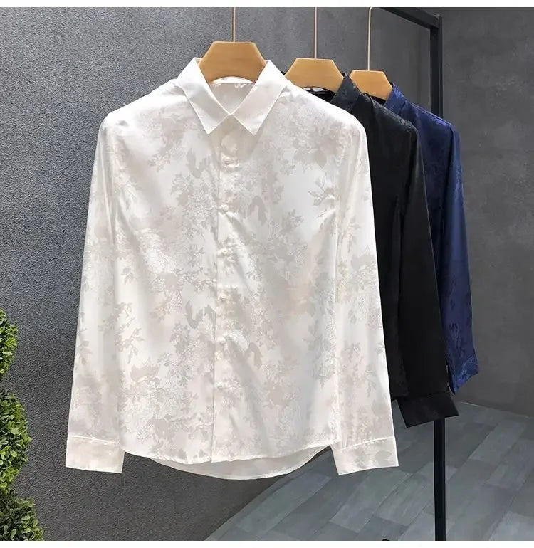 Men's High-end Shirt Spring and Autumn Summer Long-sleeved Handsome Dark Pattern Shirt Slim and Trendy Brand Versatile Top