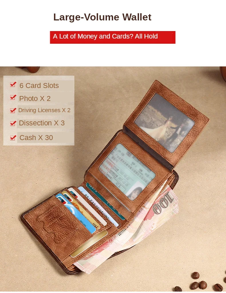 【Genuine Cow Leather / Gift Box】ManBang Luxury Men's Wallet RFID Short Trifold For Men with ID Window and Credit Card Holder