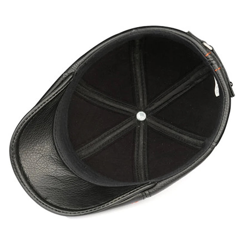 New Cowhide Genuine Leather Men Berets Cap Hat High Quality Fashion Men's Real Leather Adult Striped Black Hats