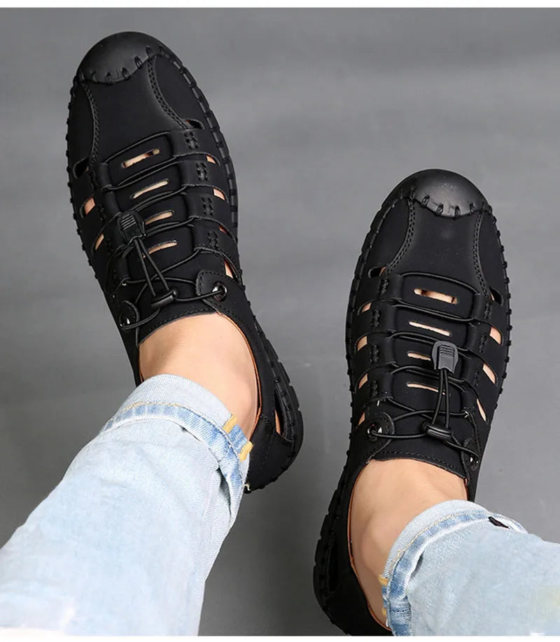 New 2025 Summer Shoes Men Sandals Genuine Leather Flat Non-slip Holiday Fashion Male Footwear Black Yellow D326