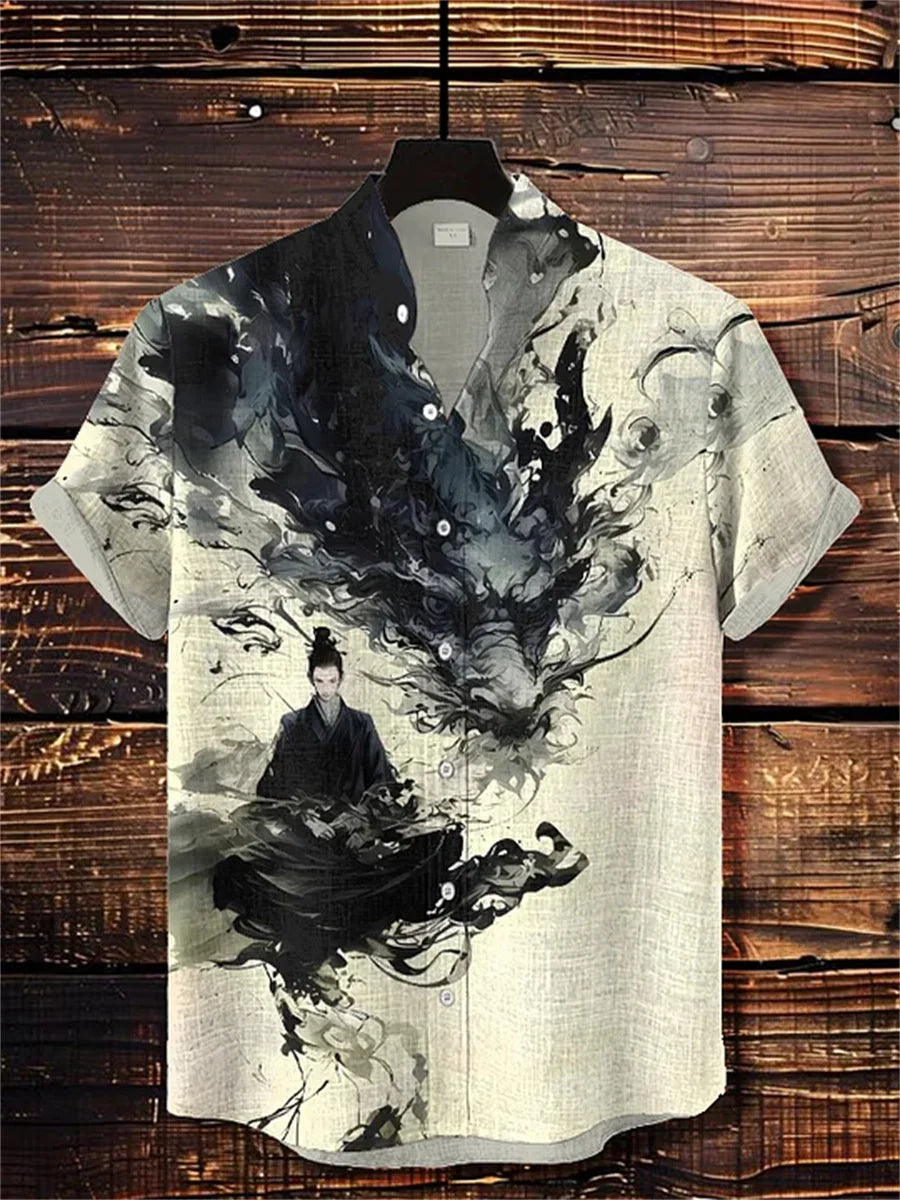 Men's short-sleeved shirt with samurai print and stylish ink painting design, summer casual men's top, trendy retro streetwear.